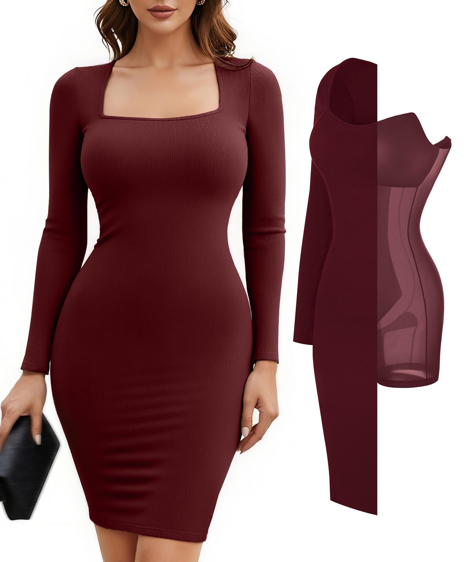Popilush Shapewear Dress Mini Bodycon Dress 8 in 1 Midi Dress with Build in Shapewear Long Sleeve Dress for Women Tummy Control