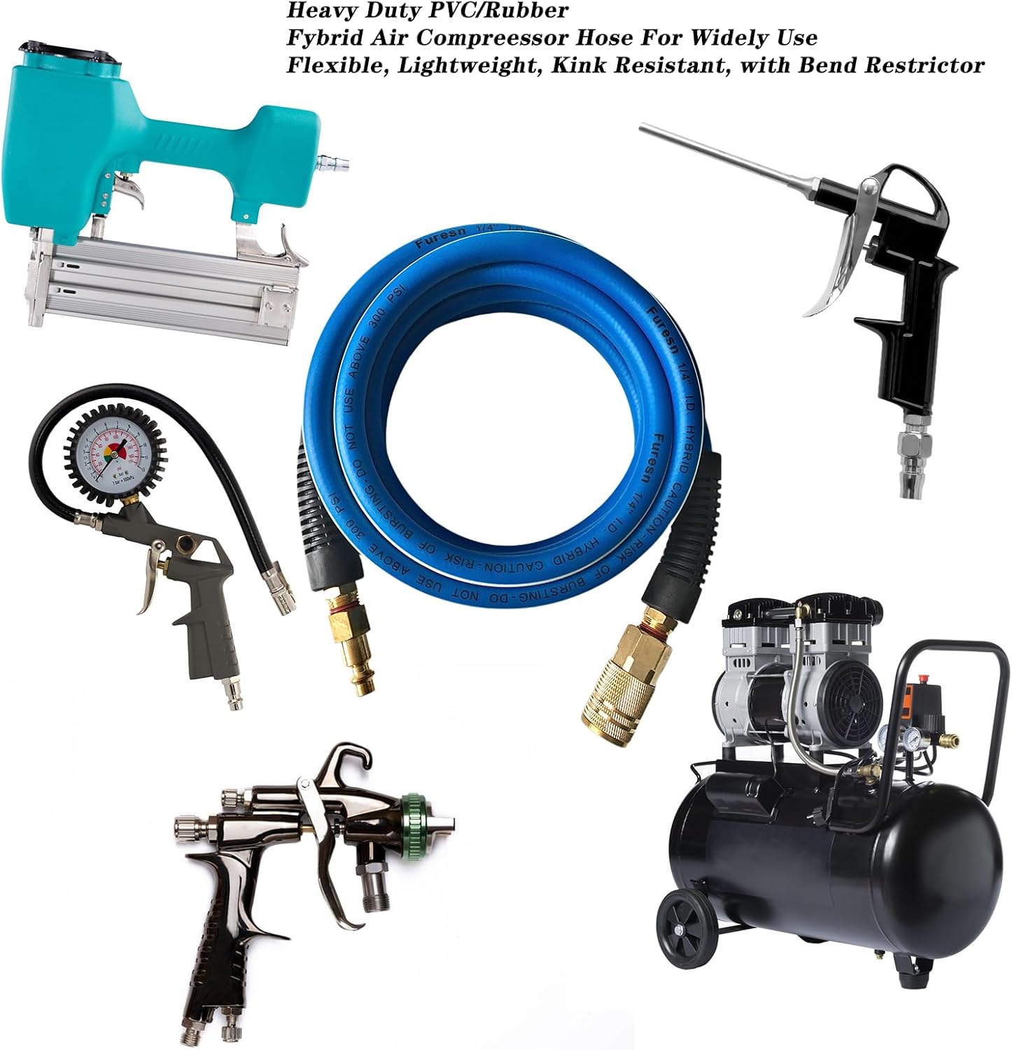 Air Hose 1/4 in x 10 ft, Heavy Duty, Lightweight, Kink Resistant, Hybrid Air Compressor Hose with 1/4 in Solid Brass Male Fittings, Bend Restrictors, 300 PSI(10FT, Blue White)