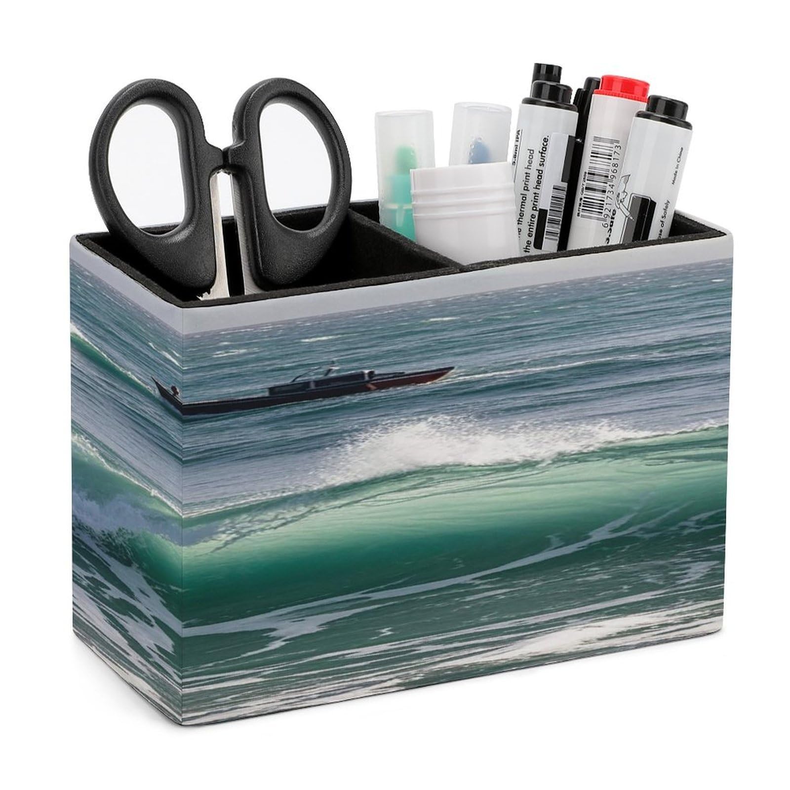 LZQPOEAS Smooth Sea View Leather Pen Holder with 2 Compartments Luxury Pencil Holder Minimalist Pencil Cup Brush Scissor Holders Elegant Pen Cup for Office Home Desk Accessories