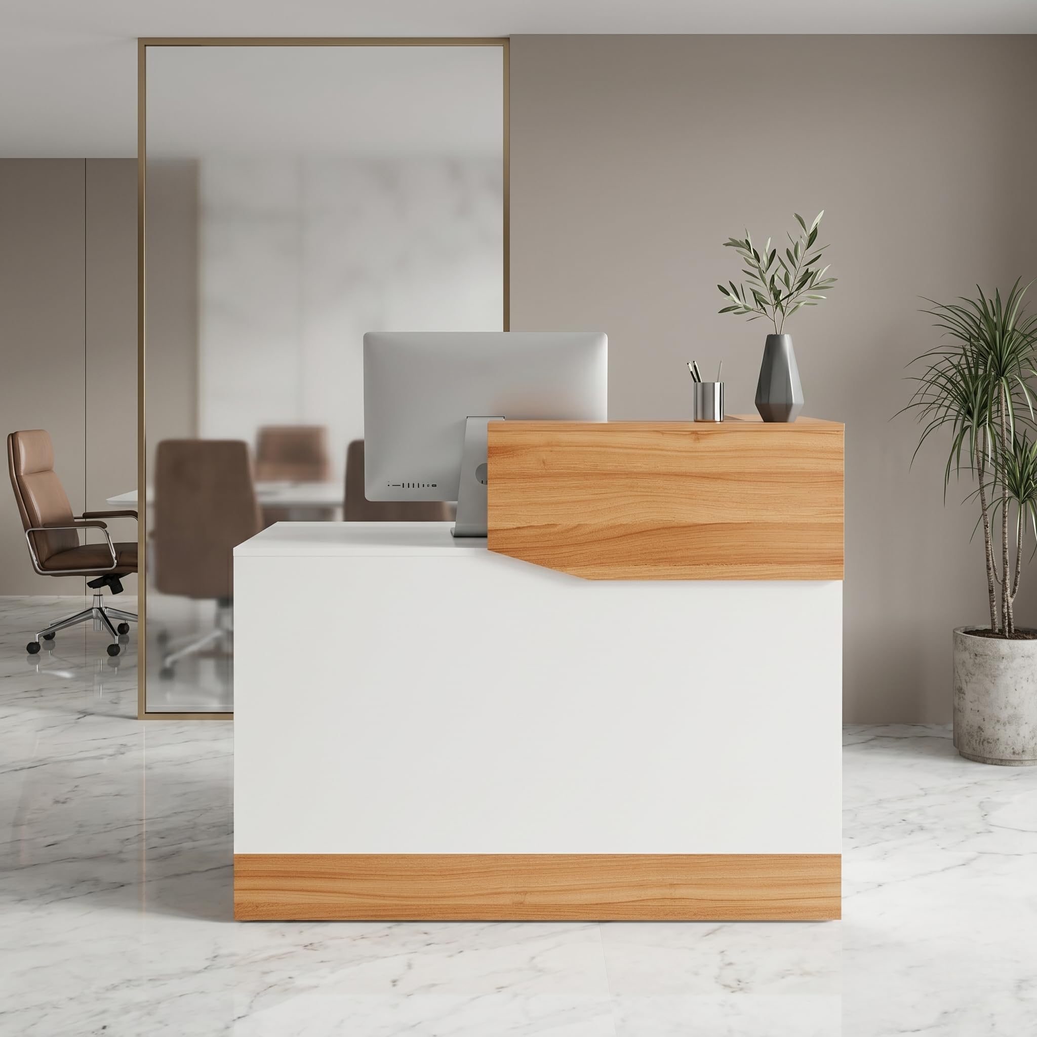 Mostrador de Recepción Moderno 120 cm en Madera, Escritorio Profesional con Organizador de Cables Mueble de Recepción para Peluquerías, Centros de Belleza, Tiendas, Hoteles y Oficinas