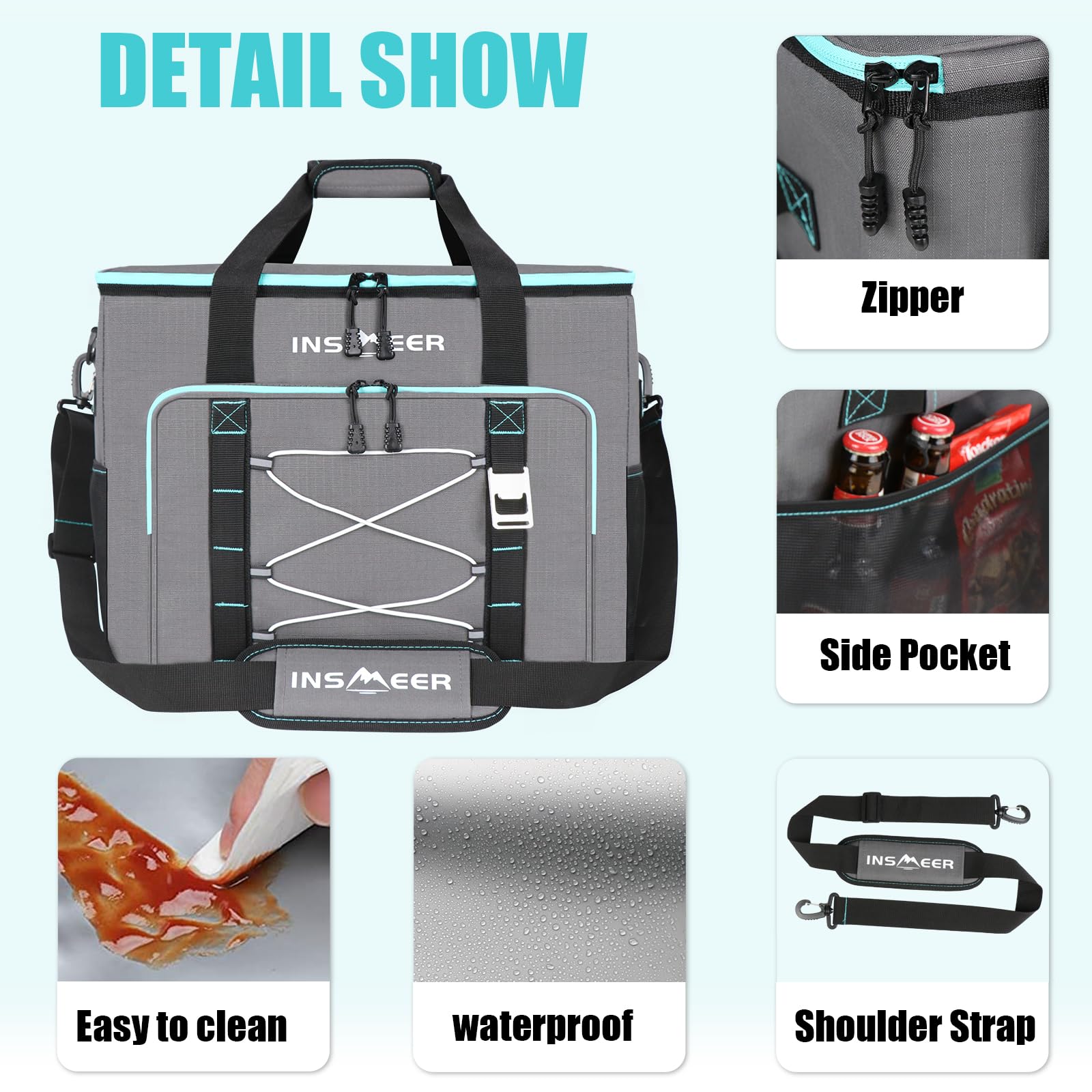 INSMEER Kühltasche Groß 55L, 90 Dosen XXL Kühltasche Faltbar Thermotasche, Isoliertasche mit Schultergurt & Flaschenöffner, Faltbare Kühlbox, Weiche Kühltaschen für Picknick,Camping, Strand, Familie