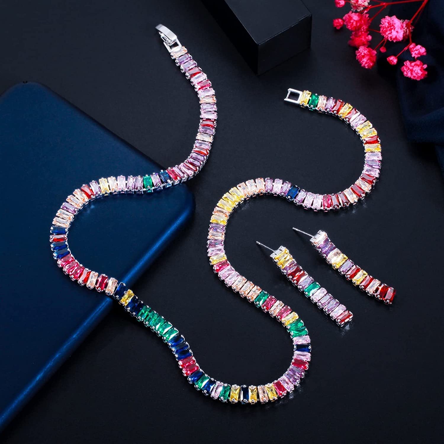 Joyería Multicolor Arco Iris rectángulo Zirconia cúbica Pendientes Collar Conjuntos para Mujeres Moda Fiesta bisutería