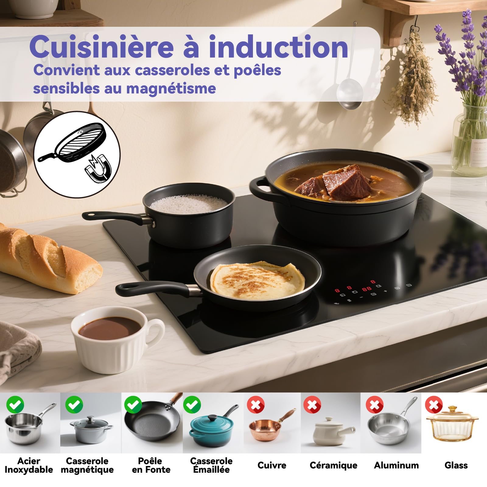 STARCHARTS Plaque Induction 3 Feux Encastrable 6680W 59 cm Italy ILVA Glass Verrouillage Enfant Pause 9 Niveaux Puissance Minuterie 99 min