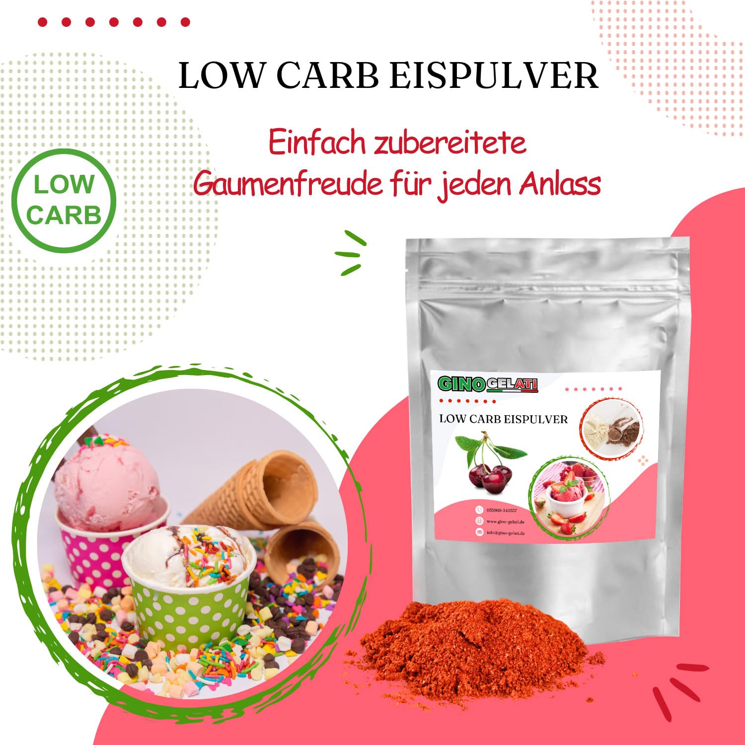 Gino Gelati Low Carb Eis Pulver Vegan Zucker-, laktosefrei mit fruchtigem Geschmack, schnelle und einfache Zubereitung, Made in Germany, Herstellung ohne Maschine (10 Kg, Mandarine)