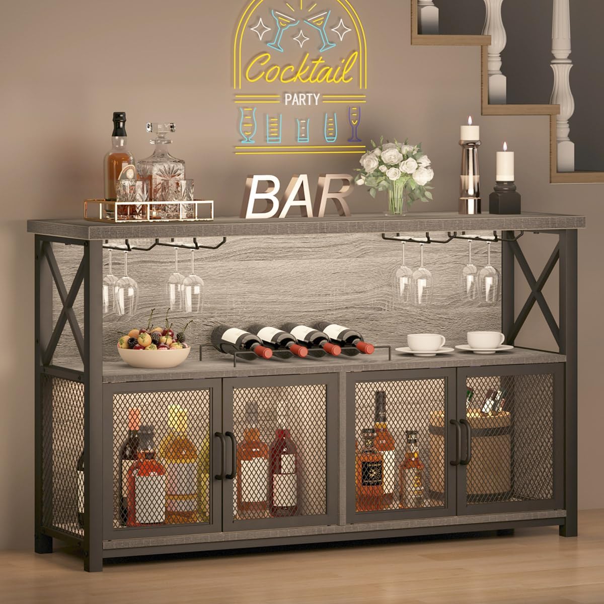 LVB Liquor Home/ Coffee Bar Cabinet, Industrial Farmhouse Modern Sideboard Buffet Cabinet for liquor and glasses with Wine Rack Storage for Kitchen Dining Living Room, Light Grey Oak 47 in