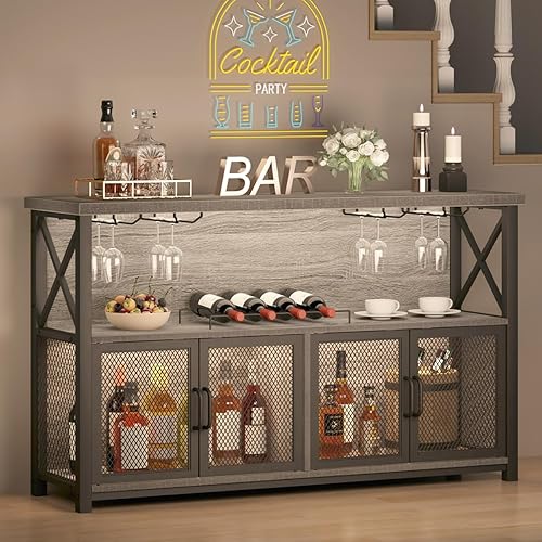 LVB Liquor Home/ Coffee Bar Cabinet, Industrial Farmhouse Modern Sideboard Buffet Cabinet for liquor and glasses with Wine Rack Storage for Kitchen Dining Living Room, Light Grey Oak 47 in