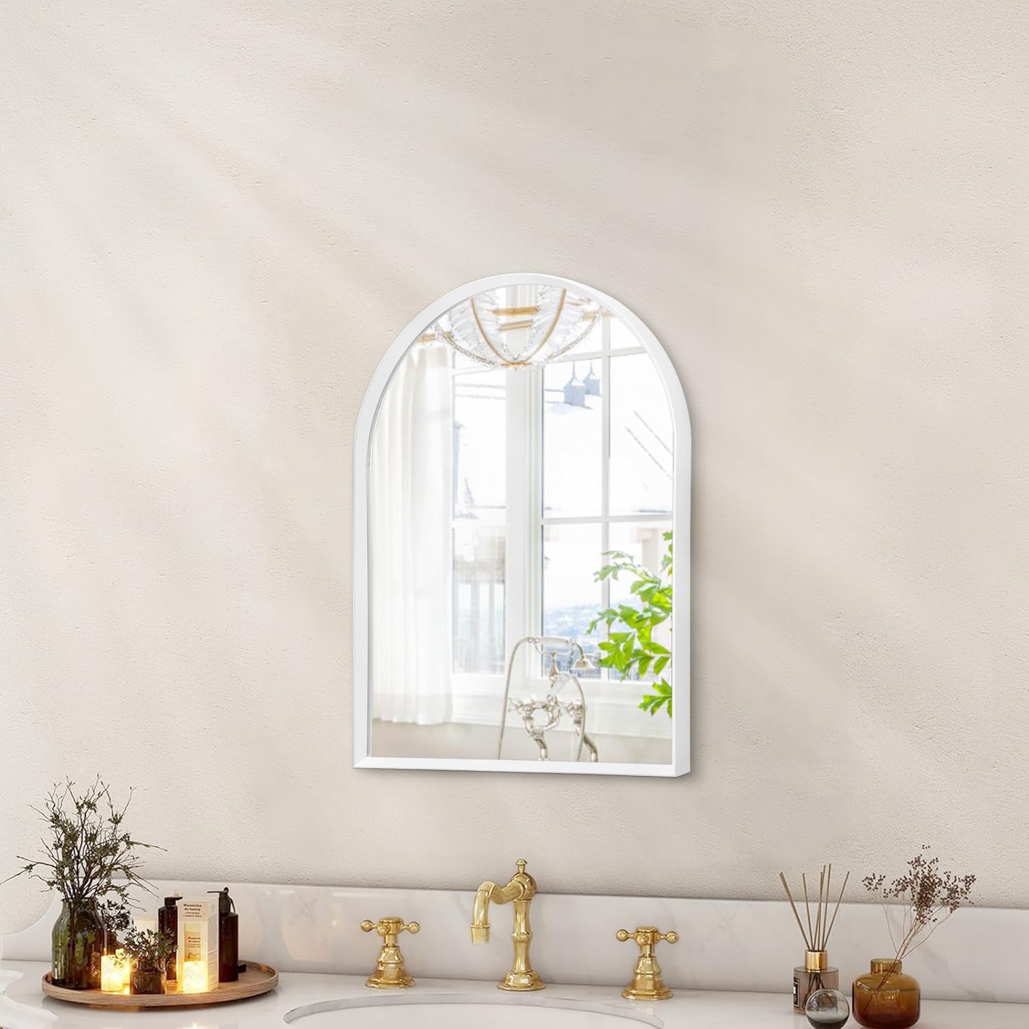 HLFMVWE Arched Wall Mirror Bathroom Mirror Brushed Metal Vanity Wall Mounted Mirror for LivingRoom Bedroom Entryway Room Home Decor White 30 x 40CM - Image 3