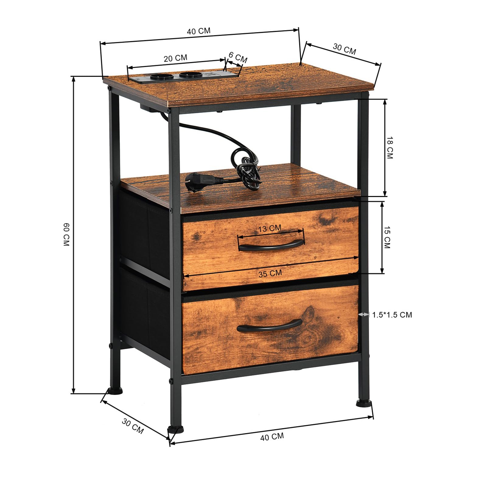 EGGREE Table de Chevet avec Station de Charge USB et Tiroirs en Tissu, Étagère,avec Ports USB et Prises de Courant, pour Chambre, Hôtel, Appartement, Petits Espaces. Marron Vintage