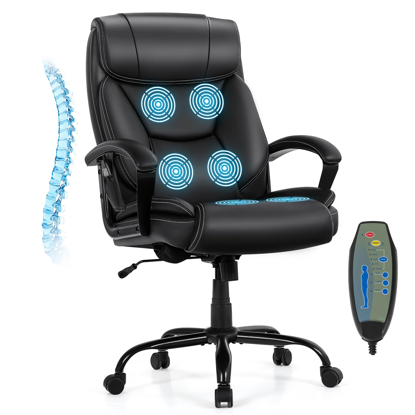 CASART PU Leather Massage Office Chair, 500LBS Big and Tall Ergonomic Computer Chair with 6 Vibration Points, Remote Control & Rocking Function, High Back Executive Chair for Home Office