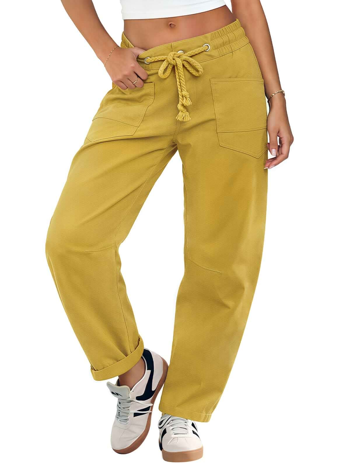 Women's Pants Low Rise Drawstring Barrel Pants Elastic Waist,Drawstring,Cropped,Wide Leg,Cargo Pockets,Chino Stretchy Baggy Trousers,Casual Trendy Ankle Pants.