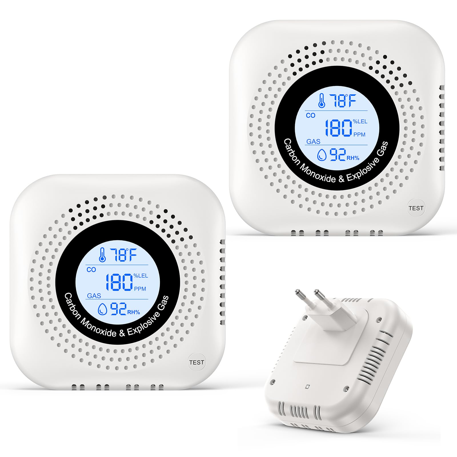 Detecteur Monoxyde Carbone 4 in 1 Plug in（2 pièces | Detecteur de Gaz avec Affichage Température et Humidité-Norme EN 50291 - Alarme 85 dB - Blanc