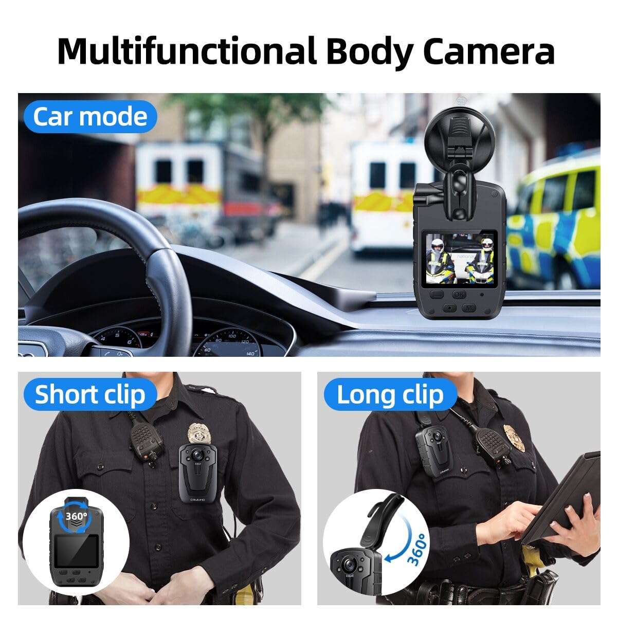 CAMMHD Cámara Corporal C8 128G 1296P con Grabación de Audio y Video, 11-12 Horas de Autonomía, Visión Nocturna Body Cam Resistente al Agua IP67, Memoria Ampliable, para Aplicación de la Ley, Seguridad