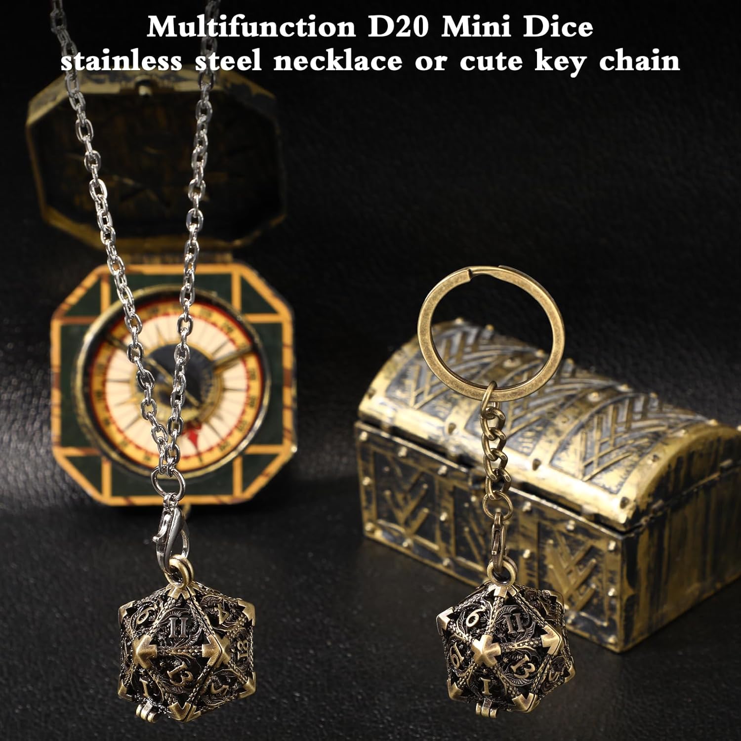 Syhood Mini Dice Set 7 Pcs Tiny Small Metal Dice Set Hollow D20 Necklace Case Keychain Role Playing Table Games Portable Teacher Gift Mother Gift(Antique Gold)