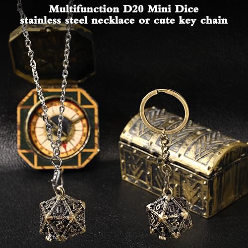Miniatura 4 de Syhood Juego de dados pequeños, 7 piezas de dados pequeños de metal hueco D20, collar D20, llavero, juegos de mesa para juegos de rol, regalo