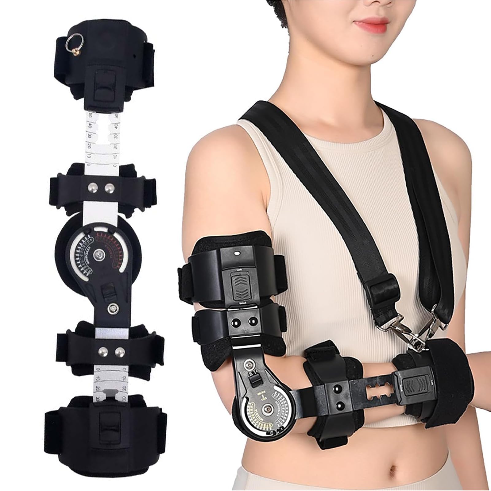 Wsexyy Hinged Post-Op Elbow Brace, Hinged ROM Elbow Brace with Sling Stabilizer, Bending Angle 0-120°and Length 35-43cm Adjustable, for Post-Surgery Recovery, Elbow Injury Support