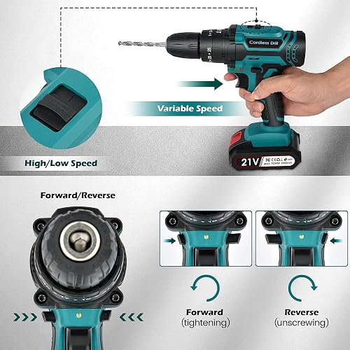 NUZEKY Cordless Drill Driver 21V: Powerful Cordless Drill Set with 2 Batteries 2.0Ah, 25+3 Torque, 24PCS Drill Bits, 2 Speed, LED Light for DIY Project - 5