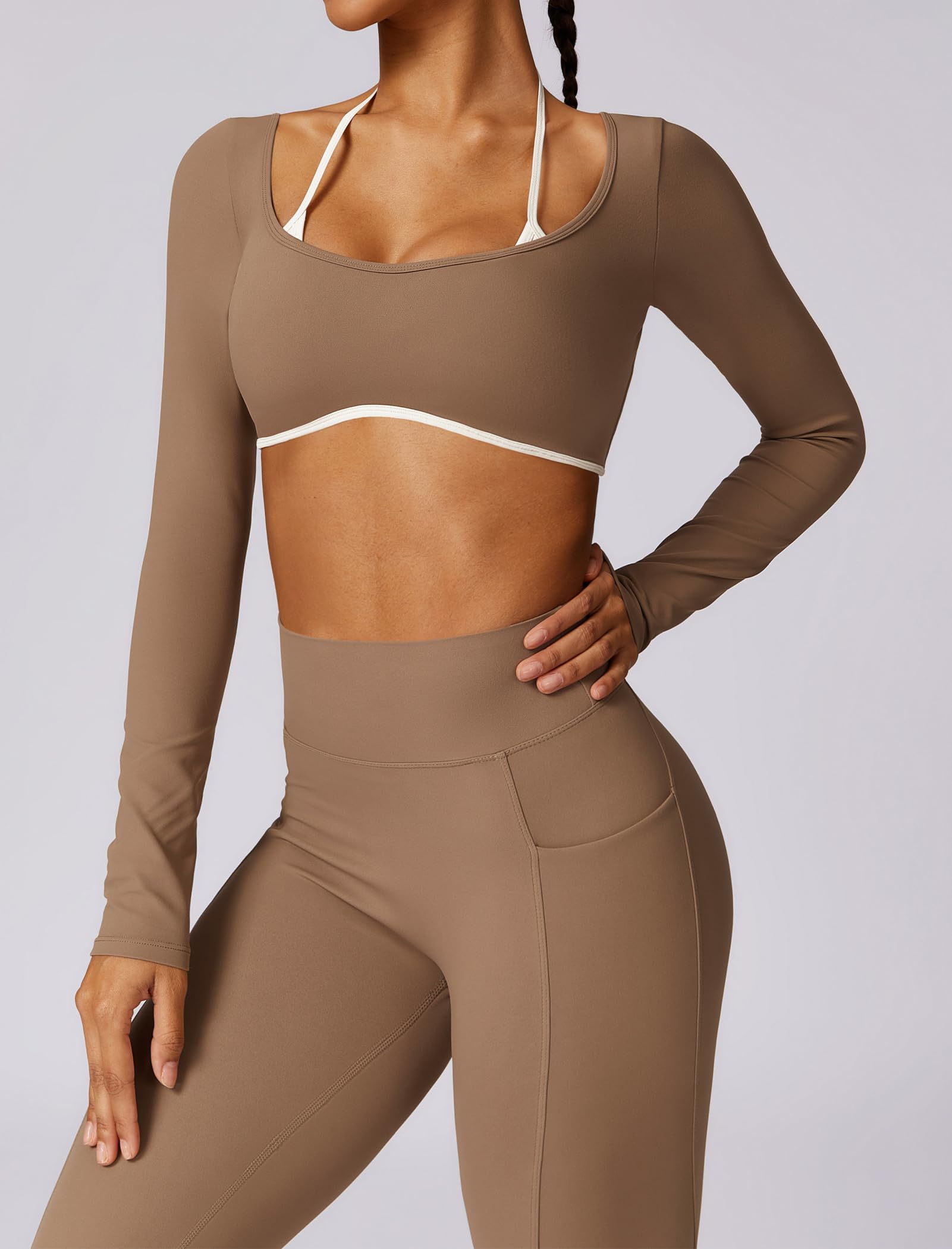 Conjuntos de entrenamiento para mujer, 2 piezas, sin costuras, cintura alta, leggings de yoga de manga larga, conjuntos de gimnasio atlético