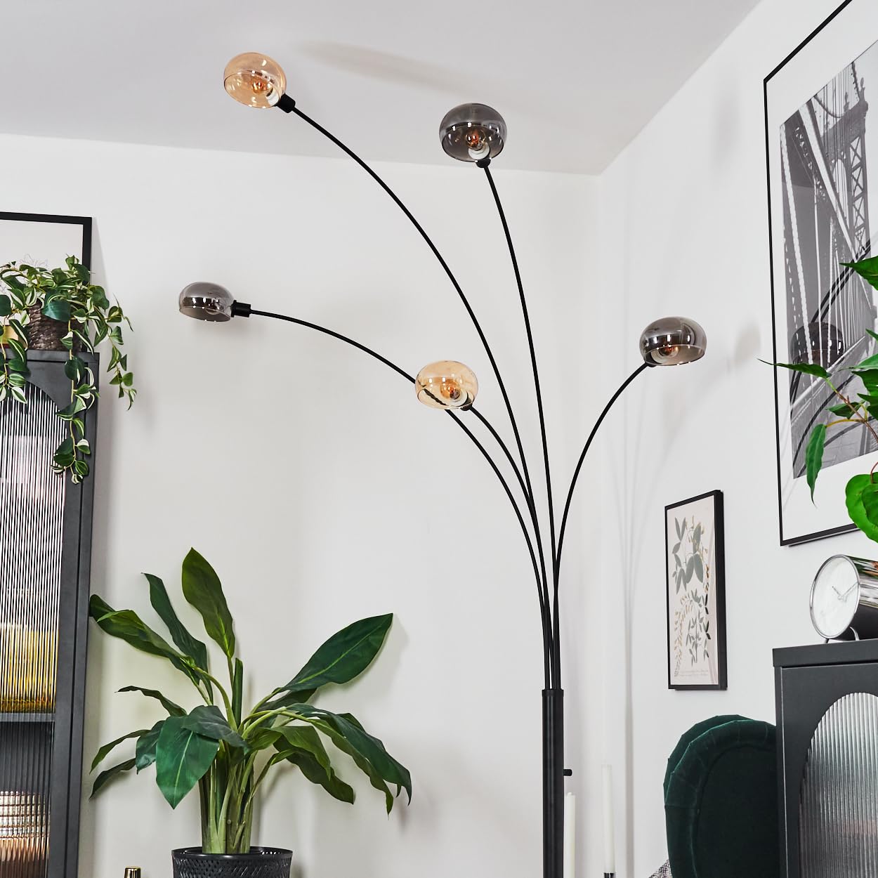 HOFSTEIN Lampadaire Nikkala, lampadaire en métal noir/gris fumé/ambre avec pied en marbre, lampe réglable au design vintage, interrupteur sur le boîtier, 250 cm, E14, salon, chambre à coucher, bureau
