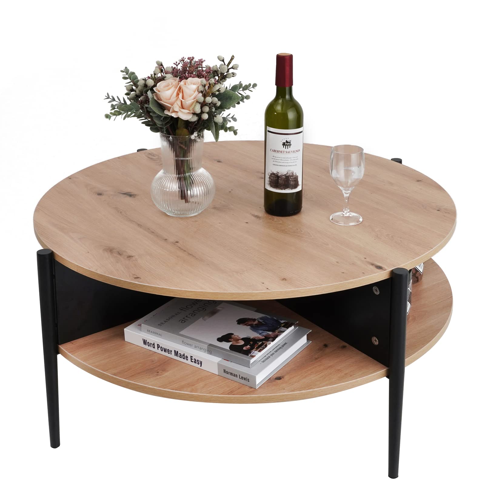 7RiversART Wood Round Coffee Table with 2-Tier Storage Partitioned Shelf Industrial Modern Design Sofa Table for Living Room