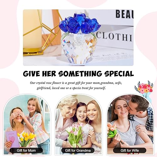 Miniatura 2 de Movdyka Figuras de rosas de cristal azul con jarrón de cumpleaños para mujeres, mamá, adorno de cristal, decoración de Navidad, día de San Valentín,