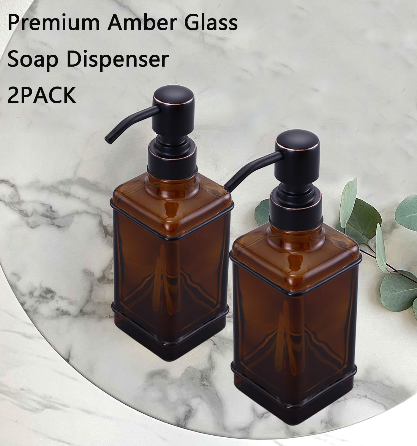 Dispenser di sapone per le mani, confezione da 2, con bottiglia di vetro ambrato spesso dal design antico, 325 ml, in acciaio inossidabile antiruggine 304, pompa in bronzo lucidato a olio, 6