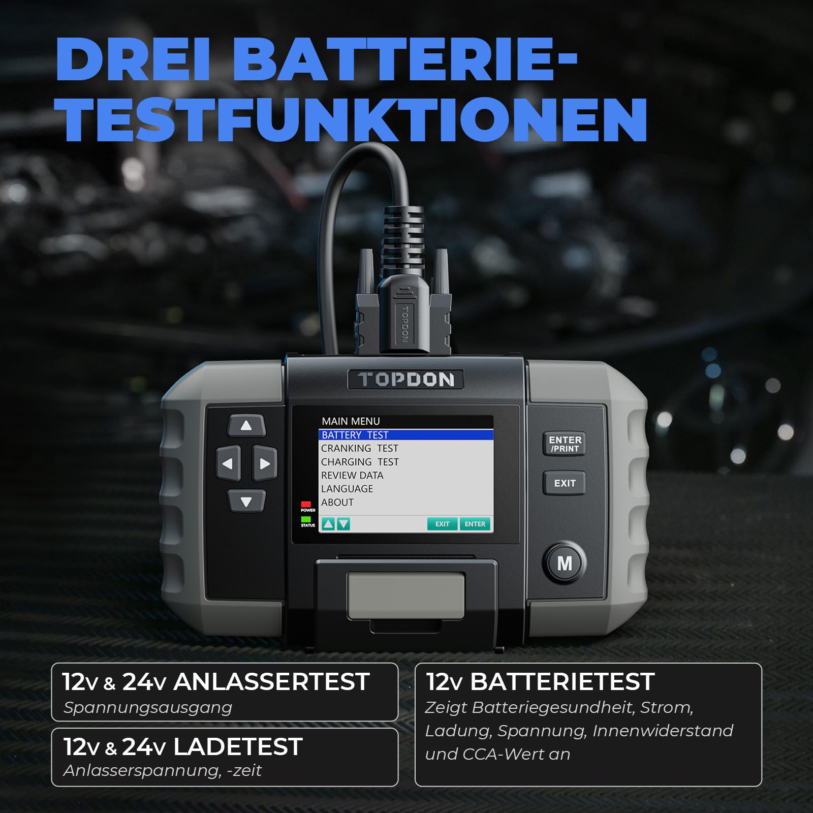 TOPDON BT600 Autobatterietester, Batterietester KFZ 12V 24V, 100-2000 CCA Starttester Autobatterie Tester, 3.5 Zoll Farbbildschirm, 1,8m Kabel, Berichte in Echtzeit Gedruckt, für Heimwerker und Profis