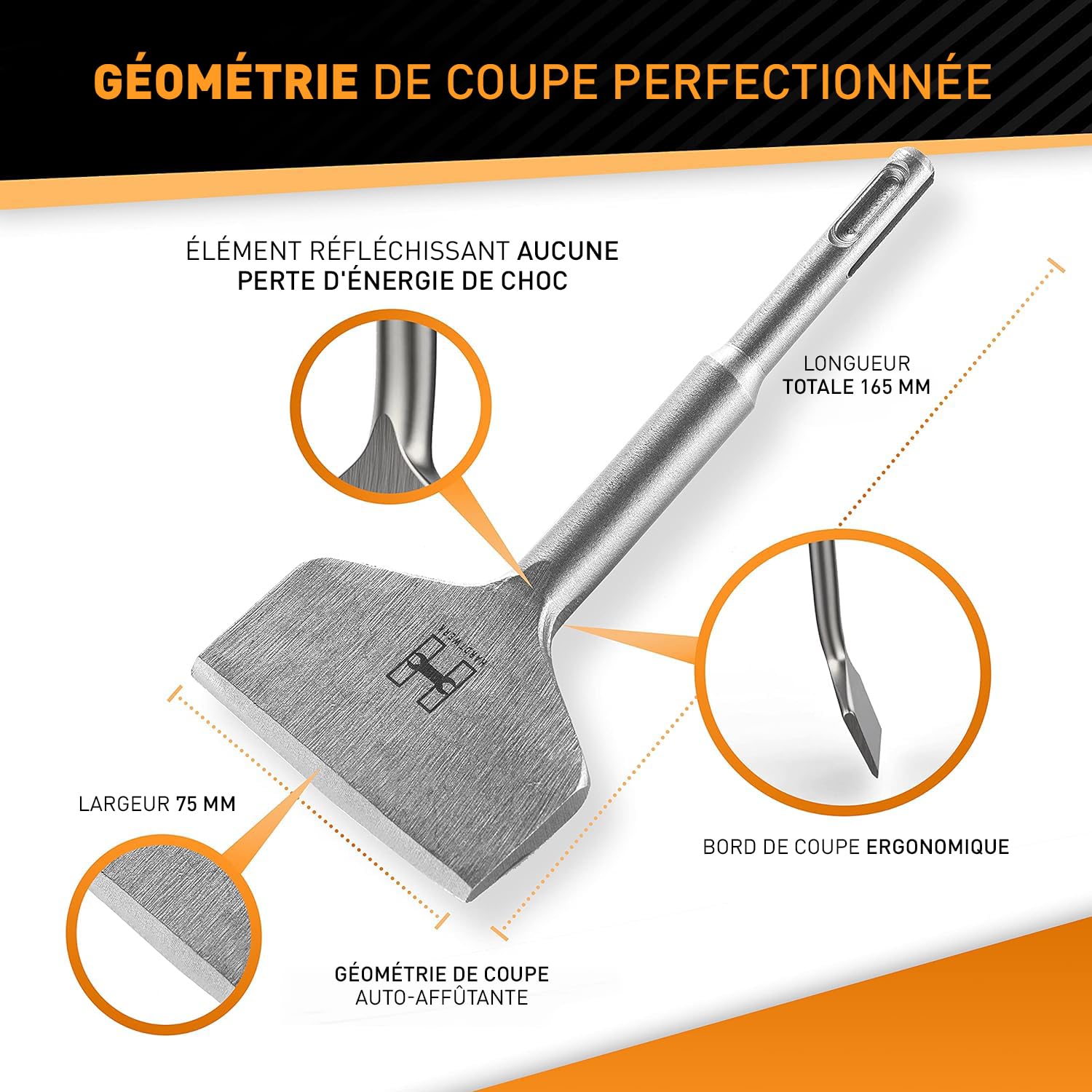 HARDTWERK Burin de carrelage Turbo SDS Plus - 165 x 75 mm - Burin plat large pour enlever le carrelage et la colle de carrelage - Pour perforateur - Burin large