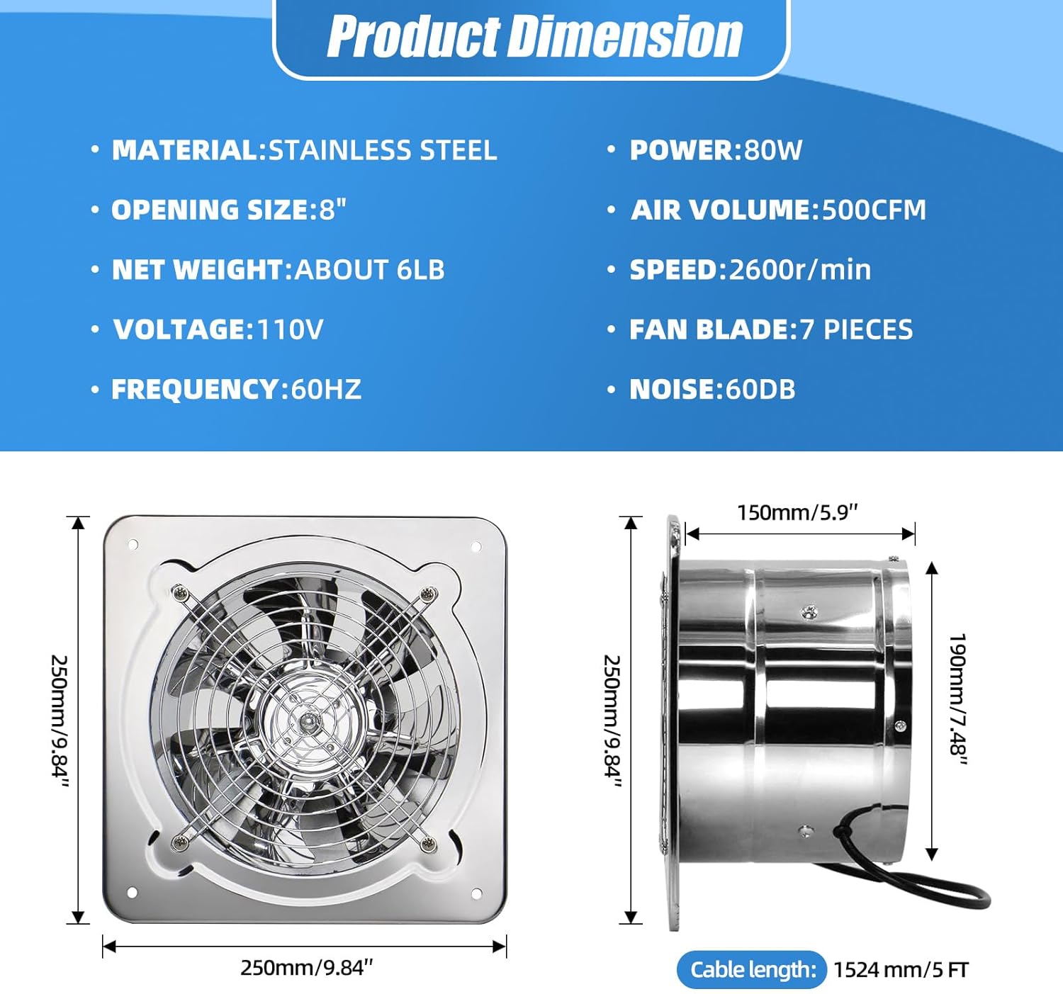 8 Inch Metal Exhaust Fan for Kitchen, 500 CFM, Stainless Steel Attic Exhaust Fan with Switch and Damper, Wall Mount, Plug-in Fume Extractor for Workshop, Garage & Basement, Silver