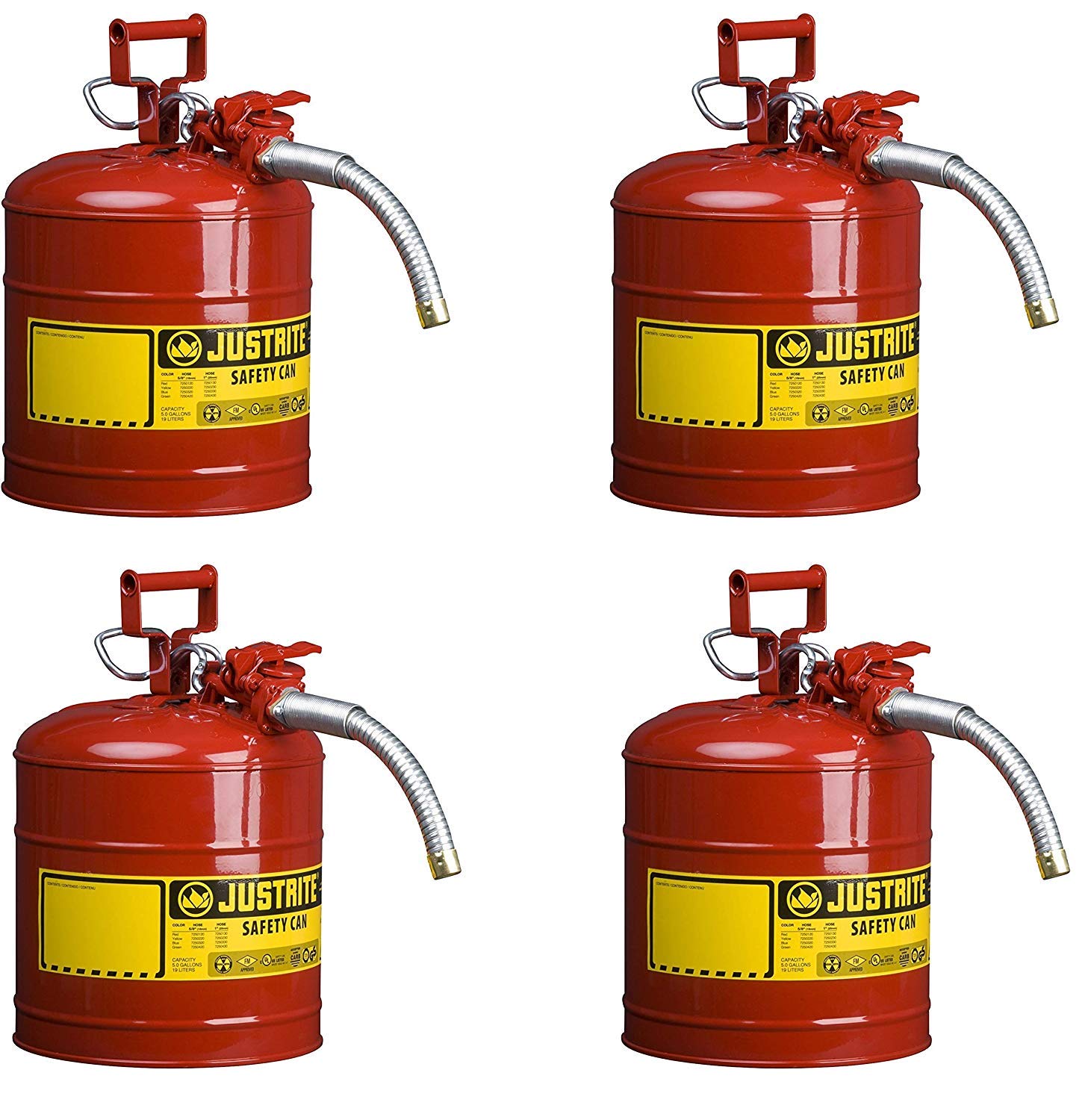 Justrite7250130 Galvanized Steel, AccuFlow Type II Red Safety Can with 1" Flexible Spout, Large ID zone, Meets OSHA & NFPA For Handling Hazardous liquids. 5 Gallon (19L) Size. (Pack of 4)