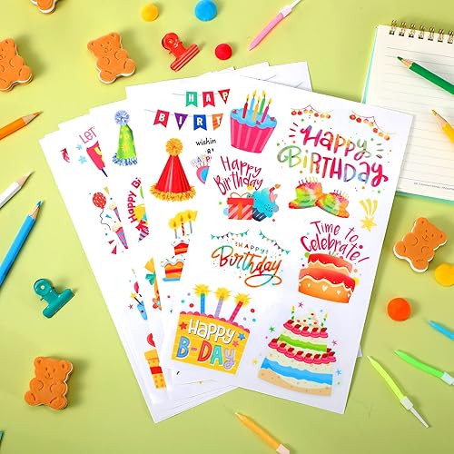 Miniatura 3 de Containlol 6 hojas de calcomanías de feliz cumpleaños para niños, niñas y adultos, tarjetas adhesivas para álbumes de recortes, calcomanías para