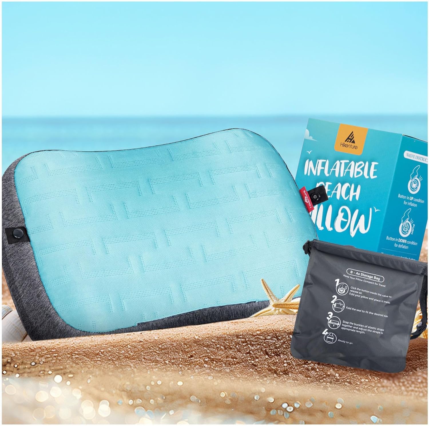 HIKENTURE Coussin de Plage Gonflable avec Taie Rafraîchissante - Compact | Ergonomique avec Tissu Frais Amovible, Fixation Élastique et Sac de Sable - Oreiller de Plage pour Camping, Piscine et Voyage