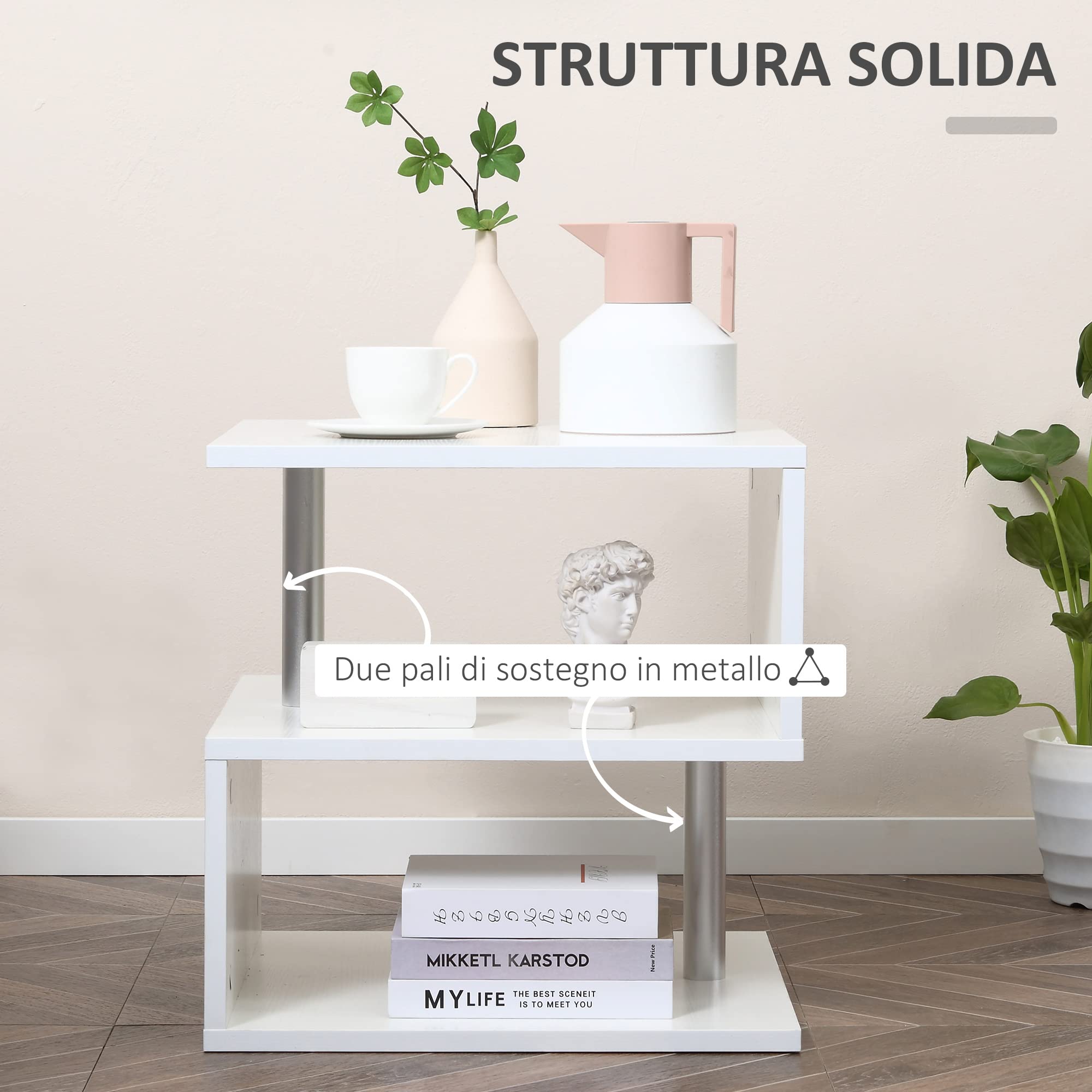 HOMCOM Tavolino Basso Da Salotto Due Ripiani Forma S 50 x 50 x 50cm Bianco