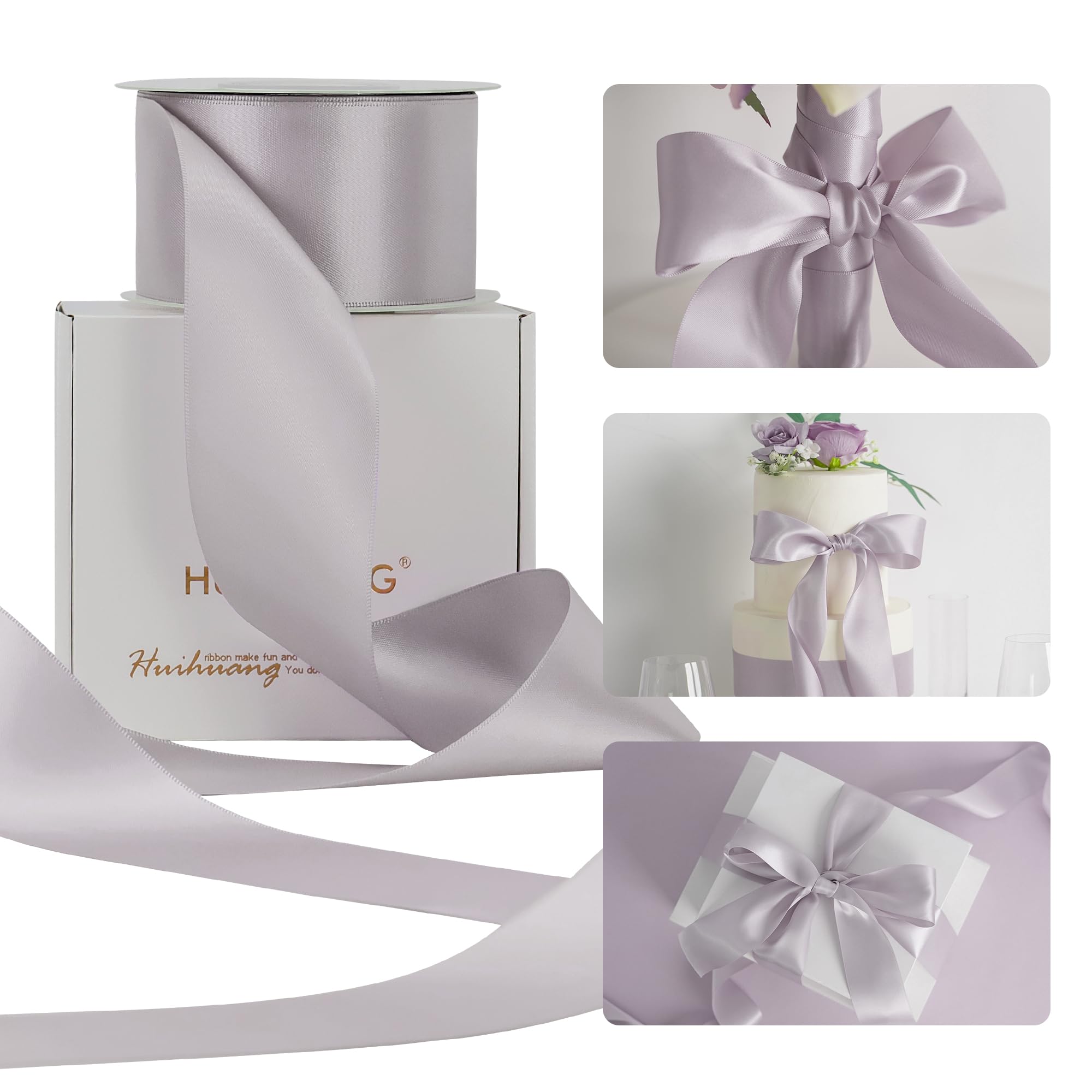 HUIHUANG Dusty Purple Ribbon 2 inch Wide Double-Faced Pastel Lilac Satin Silk Ribbon for Flower Bouquet Wrap, Gift Wrapping,Wedding Decor, Home Decor,