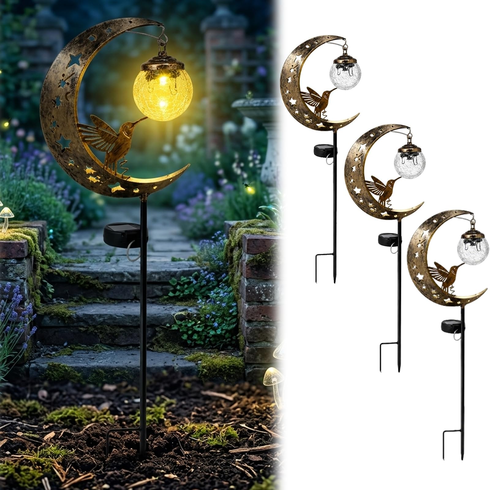 Hummingbird Moon Solar Garden Stake Light, Solar Hummingbird Stake with Crackle Glass Globe, No Wiring Required, Durable Weather Resistant Metal Garden Decor for Yard Patio Lawn Pathway (3 PCS)