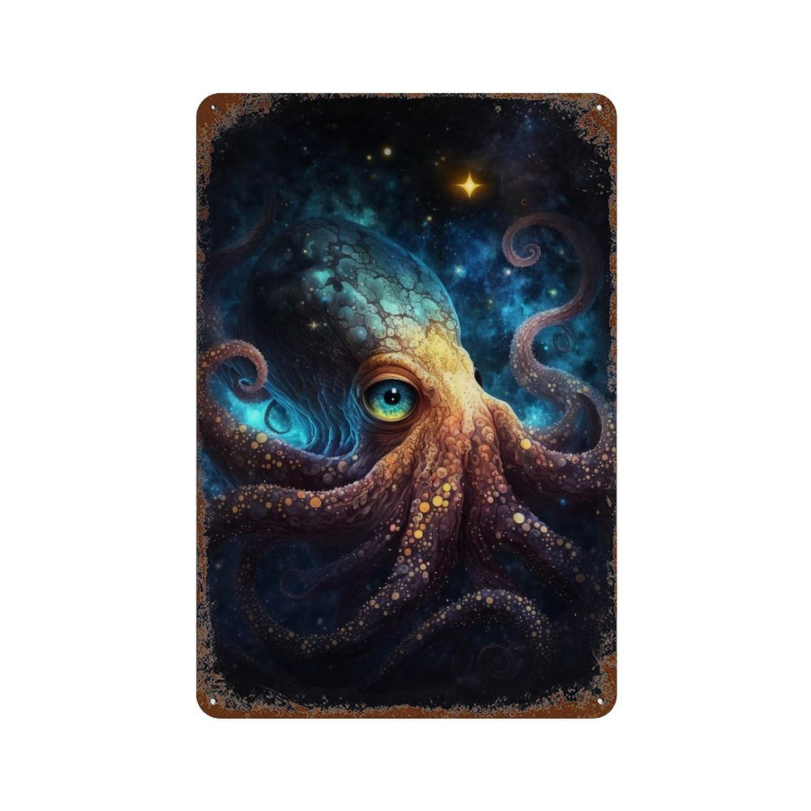Garage Style Galactic Octopus Art Print-5 Aged Metal Wall Plaque 11.8"x7.9", Industrial Home Decor for Bar And Workshop