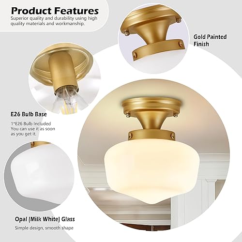 Miniatura 5 de AyshwillDec Lámpara escolar de latón de 8 pulgadas, lámpara de mediados de siglo, lámpara de vidrio de leche, lámparas de techo semiempotradas para