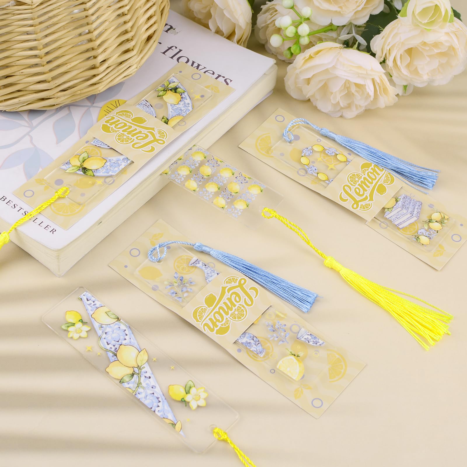 WANDIC 24Pcs Cartoon Lemon Theme Acrylic Bookmarks with UV DTF Transfer Stickers - DIY Waterproof Cartoon Lemon Design, Handcraft Scrapbooking Supplies with Tassels for Journaling Presents - Image 4