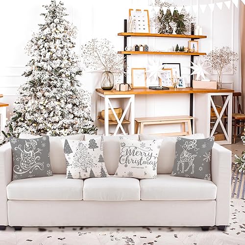 Miniatura 5 de Artmag Juego de 4 fundas de almohada de Navidad grises de 20 x 20 pulgadas, decoración navideña, árboles, ciervos, muñeco de nieve, Feliz Navidad,