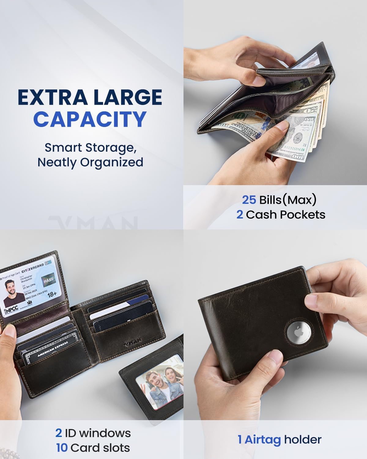 VMAN Mens Wallet with Airtag Holder | Full Grain Leather | Bifold | Wallet for Apple Air Tag | RFID Blocking | Black | 2 ID Windows | 10 Card Slots | 2 Cash Pocket | Large Capacity | Gift for Men - Image 2