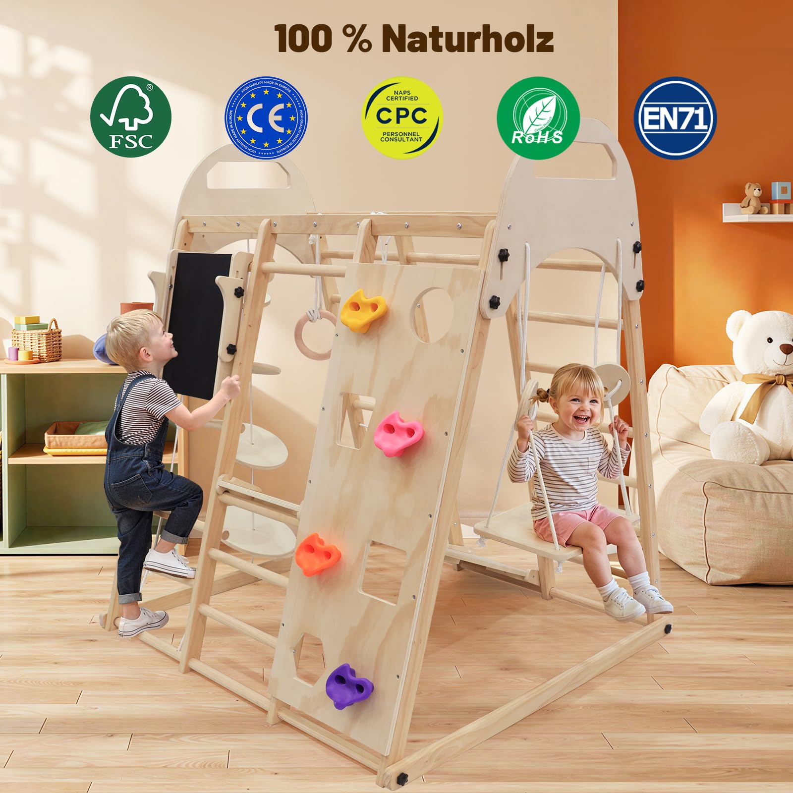 Maxi Klettergerüst Indoor, 12 in 1 Multifunktional Klettergerüst Klappbar aus Massivem Holz, Indoor Spielplatz mit Tafel, Schreibtisch, Schaukel, Rutsche, 2-in-1-Kletterwand, Kletterdreieck