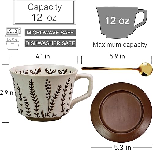 Miniatura 3 de Taza de café de cerámica vintage Taza de té de café de cerámica gruesa con platillo y cuchara de madera, taza de té y platillo de 12 onzas