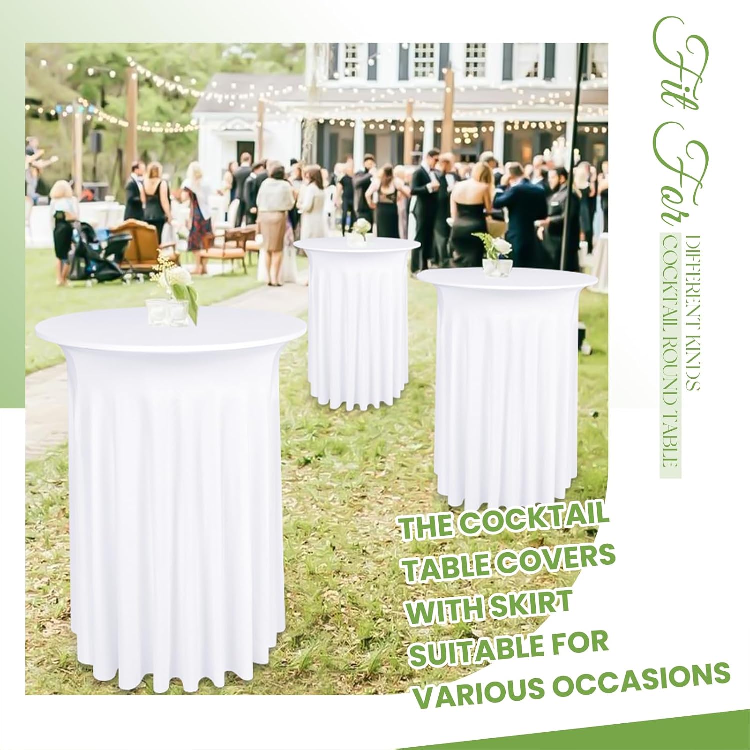 6 Pack Round Cocktail Table Skirts 32 x 43 Inch White Spandex Stretch Cocktail Tablecloth with Wavy Drapes Stretch Fitted Round High Top Table Covers for Wedding Bar Party Banquet
