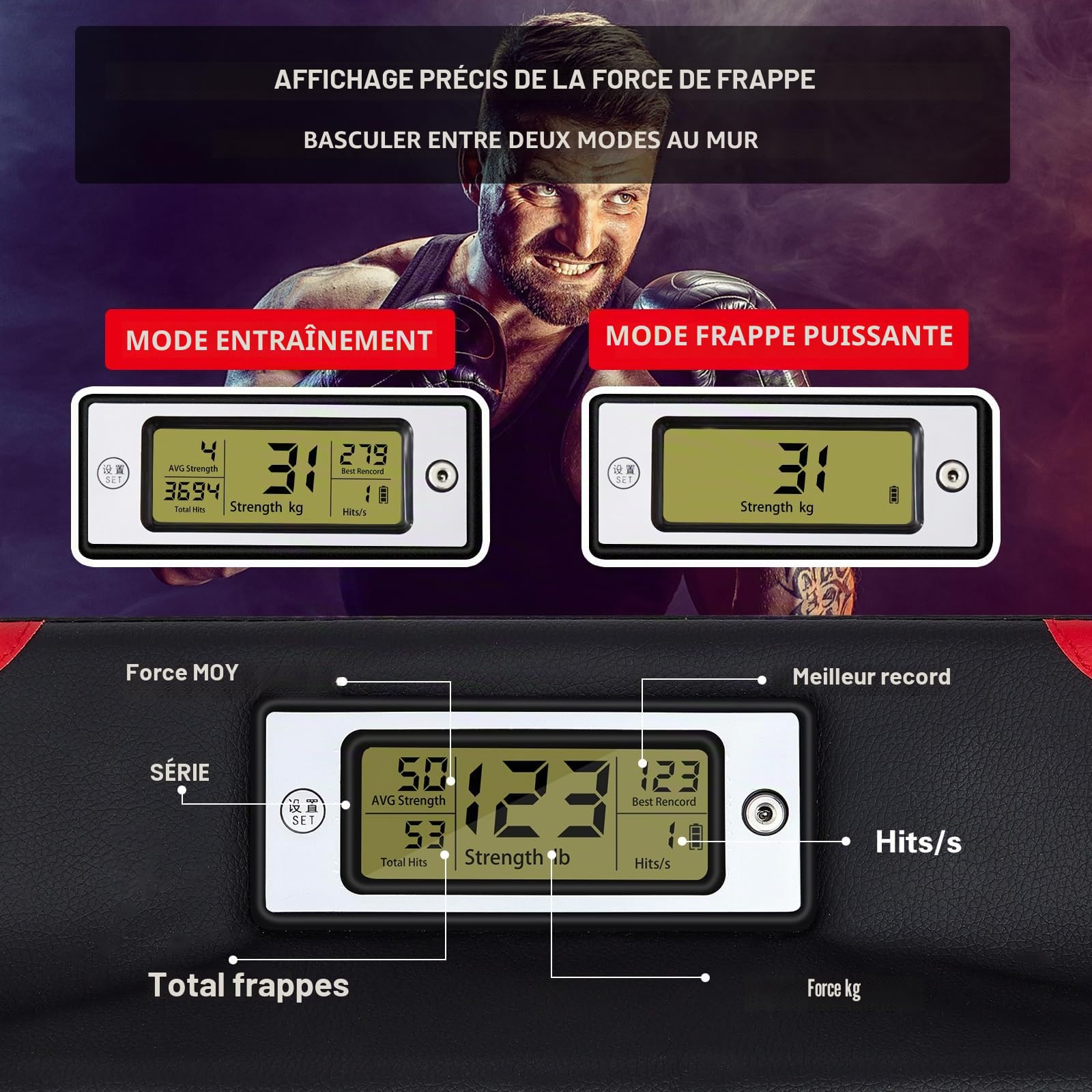 Hoteam Testeur de force de frappe avec capteur de force de frappe réglable en hauteur - Équipement d'entraînement de boxe mural - Machine de boxe pour adulte et enfant