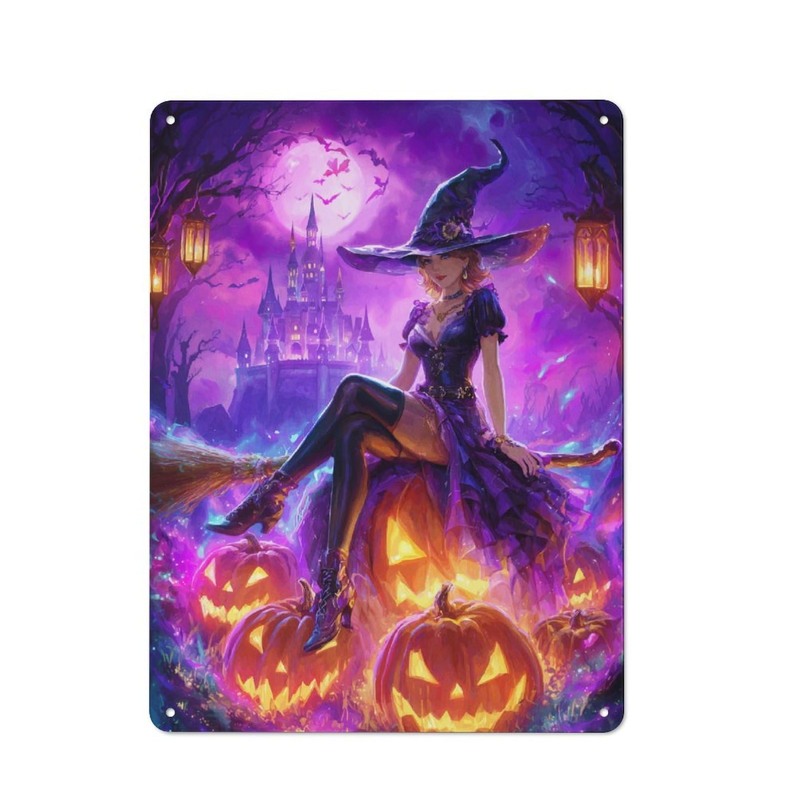 Halloween Witch on Pumpkins Vintage Tin Sign 40x30cm for Home Office Or Studio, for Metal Sign Collectors, for Living Room And Hallway Decor