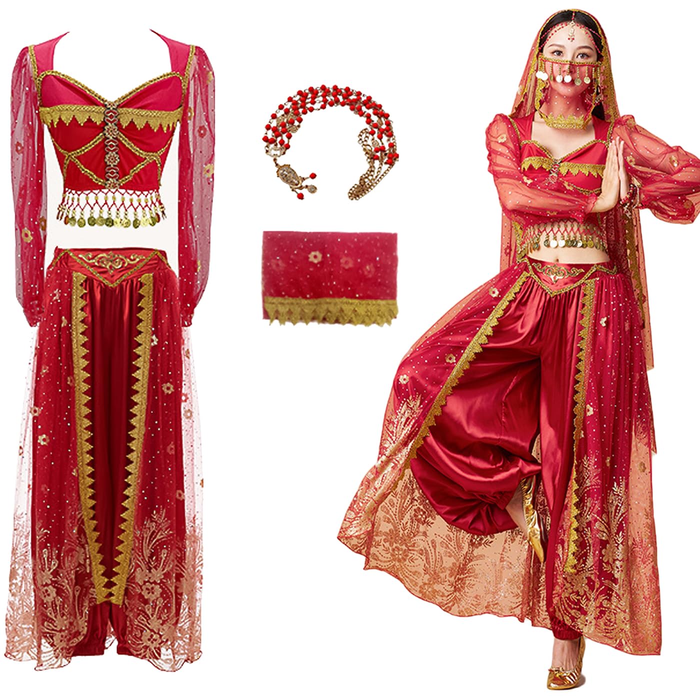 Hallojojo Mujer Disfraz de Princesa Jasmine con Accesorios Disfraz de Princesa Aladdin Vestido de Princesa Arabe Disfraces de Danza del Vientre Fiesta de Navidad Halloween Carnaval Cosplay Adulto