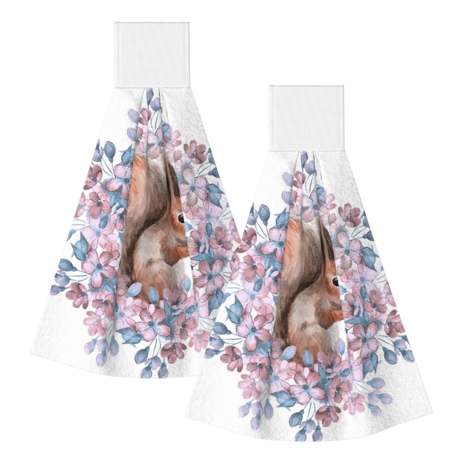 DOPKLNA Cartoon Squirrel With Flowers, 2 Pcs Hanging Coral Fiber Hand Towels for Bathroom, Absorbent Kitchen Towels