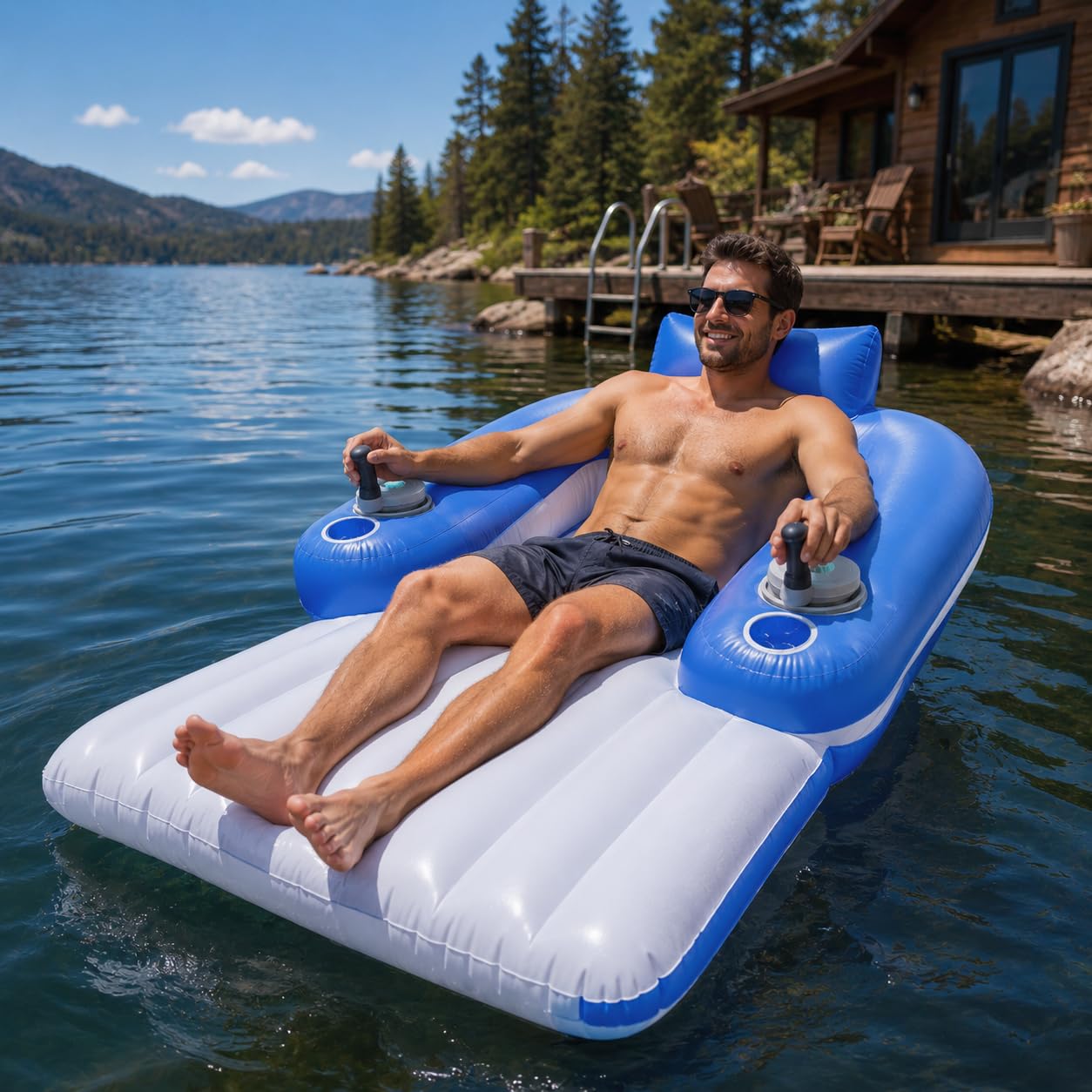 Motorized Pool Float for Adults, Rechargeable Inflatable Pool Lounger with Single/Dual Motor Options, Joystick Control, Backrest, Cup Holder, Supports 250 lb, Electric Water Float for Pool Lak B