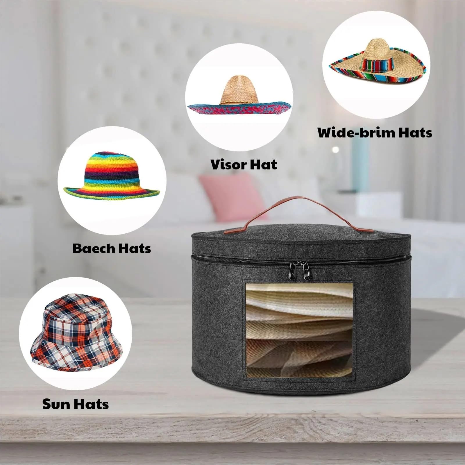 Caja de almacenamiento for sombreros, caja plegable fieltro, redonda apilable gran capacidad con tapa y cubierta antipolvo Para Sombrero(Light Gray,S)