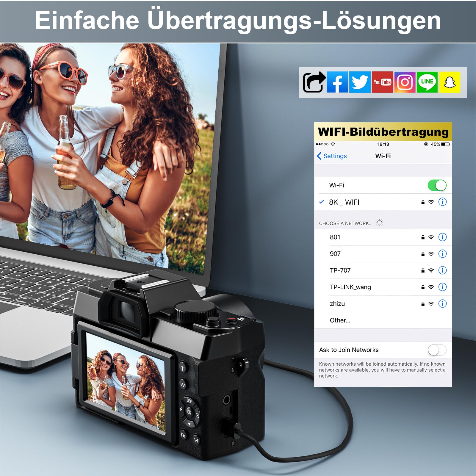 8K & 64 MP Digitalkamera für Foto & Video – 16-facher Zoom, WLAN, 180° Flip-Display, Autofokus, Bildstabilisierung, Weitwinkel & Makroobjektiv, Webcam-Funktion, inkl. PU-Ledertasche (Schwarz)