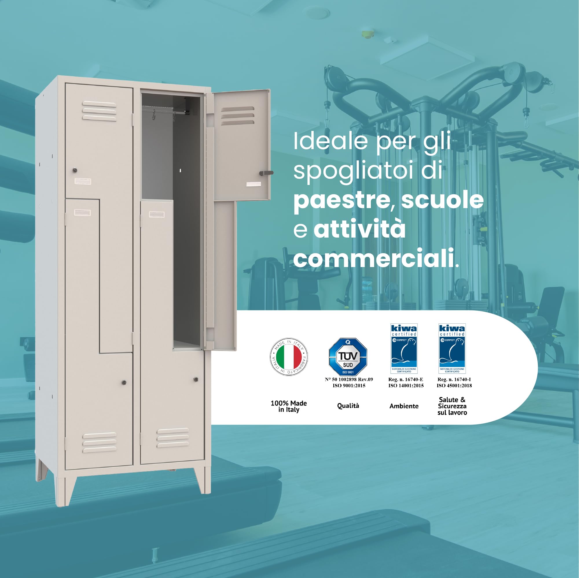 XLOCKERS Armadio Spogliatoio Monoblocco Ante a Z, 4 Posti, in Metallo, 690x500x1800 mm, Colore Grigio RAL 7035. Con Imballo di Sicurezza.
